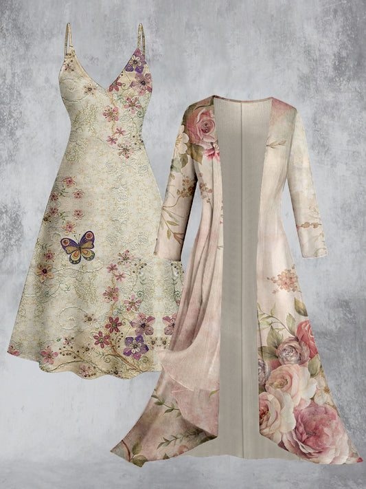 Retro Floral Art Printed Vintage Camisole Dress Long Sleeve Two-Piece Midi Dress