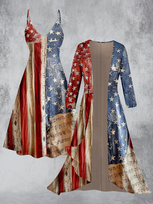 Retro American Flag Floral Art Printed Vintage Camisole Dress Long Sleeve Two-Piece Midi Dress