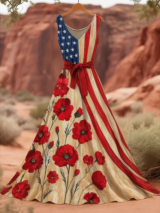 Retro American Flag Applique Floral Art Print V-Neck Sleeveless Cotton Maxi Dress