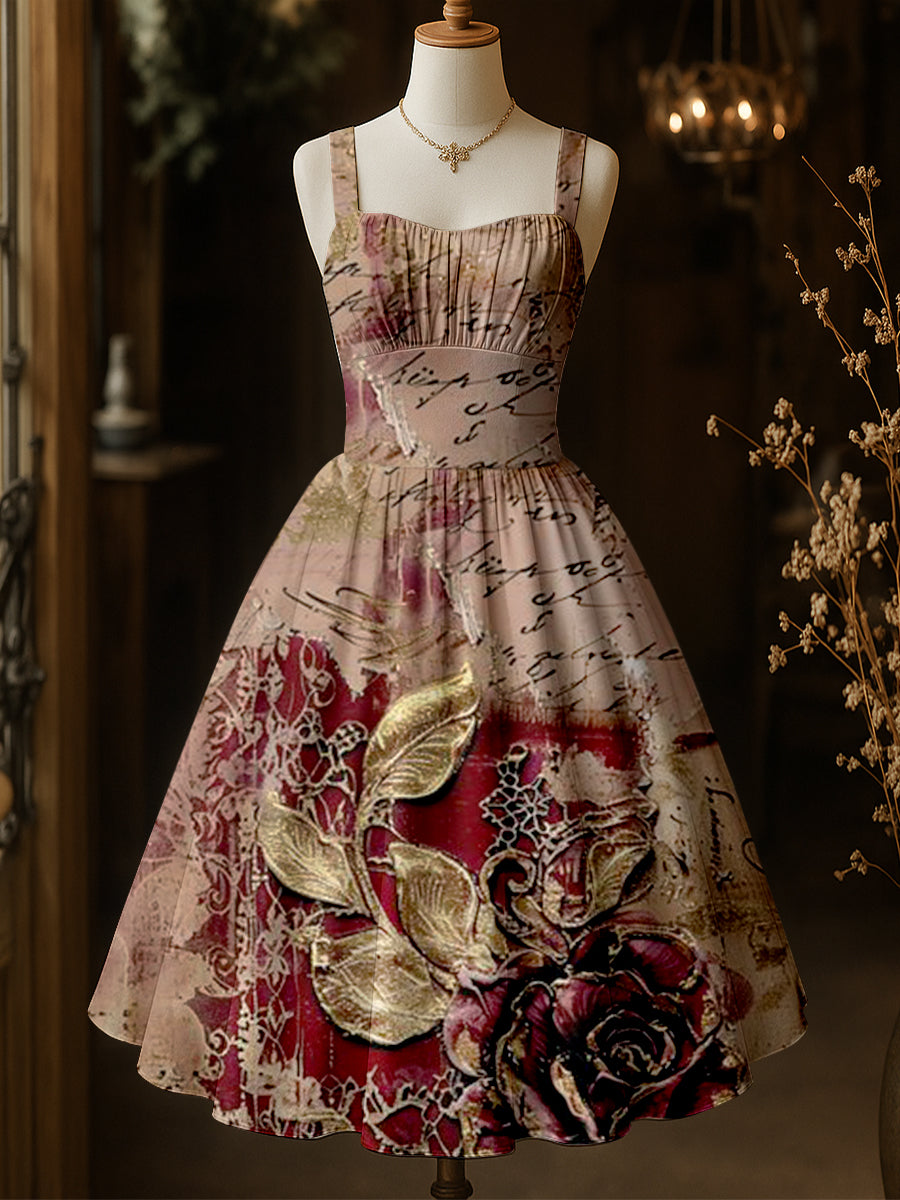 Retro Floral Art Printed Vintage Chic Pleated Waist Slip Midi Dress