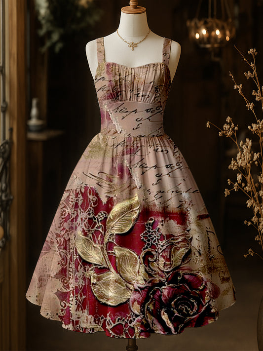 Retro Floral Art Printed Vintage Chic Pleated Waist Slip Midi Dress