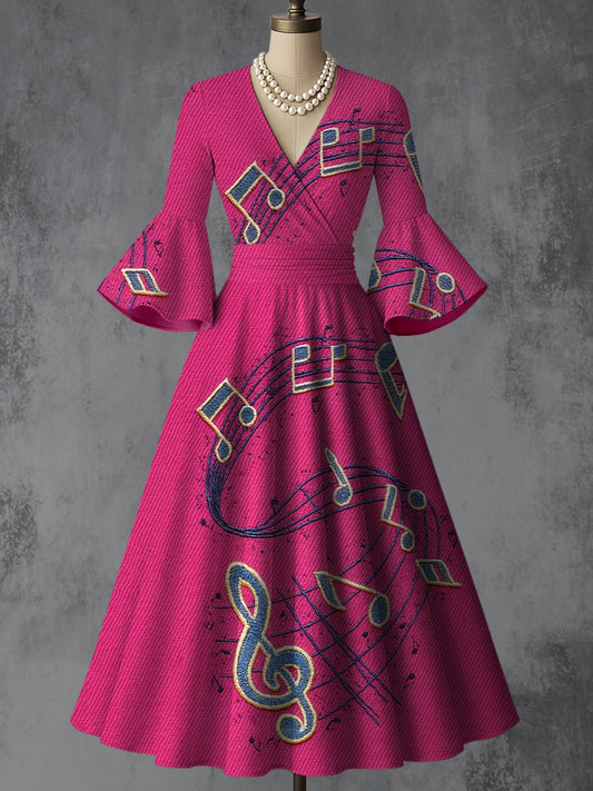 Retro High-Pitched Notes Art Printed V-Neck Vintage Chic Pleated Waist Flare Sleeve Midi Dress