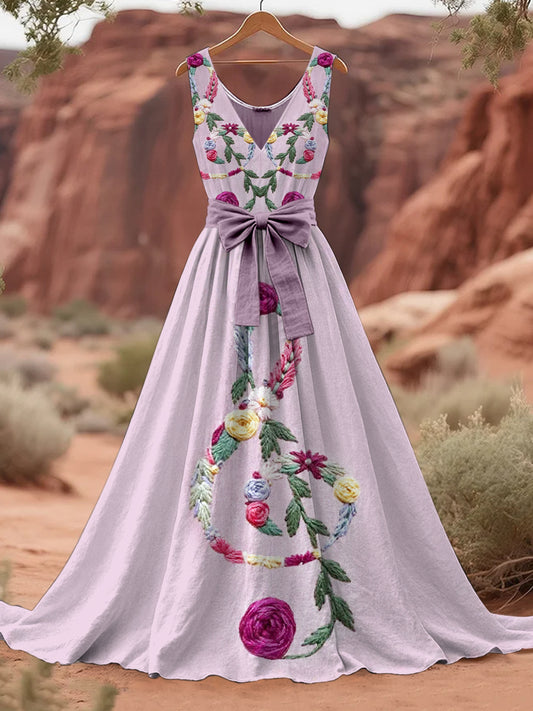 Retro Floral High-Pitched Notes Art Print V-Neck Sleeveless Cotton Maxi Dress