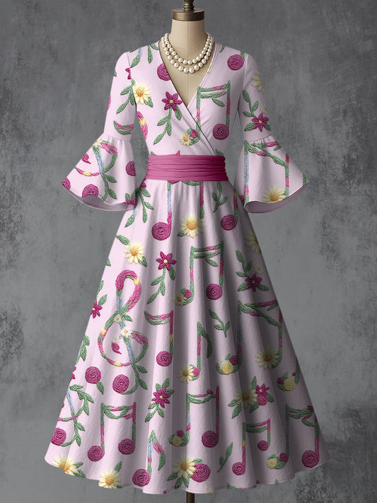Retro Notes Floral Art Printed V-Neck Vintage Chic Pleated Waist Flare Sleeve Midi Dress
