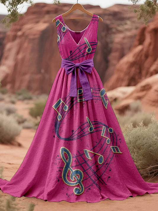 Retro Floral High-Pitched Notes Art Print V-Neck Sleeveless Cotton Maxi Dress