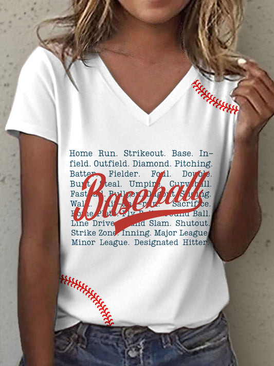 Women's Vintage Baseball Print V-Neck T-Shirt