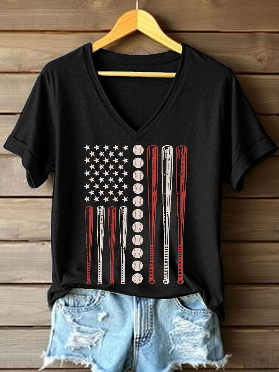 Women's Vintage Baseball Flag Print V-Neck T-Shirt