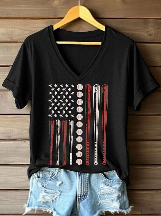 Women's Vintage Baseball Flag Print V-Neck T-Shirt