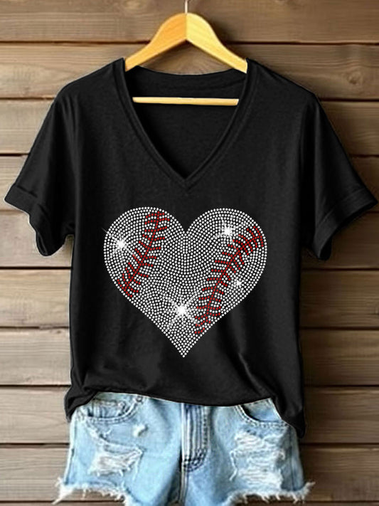 Women's Heart Baseball Rhinestone Art V-Neck T-Shirt