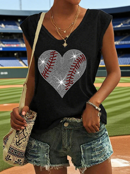 Women's Heart Baseball Rhinestone Art Tank Top