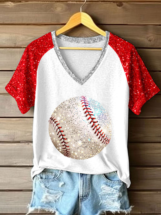 Women's Shiny Baseball Print V-Neck T-Shirt
