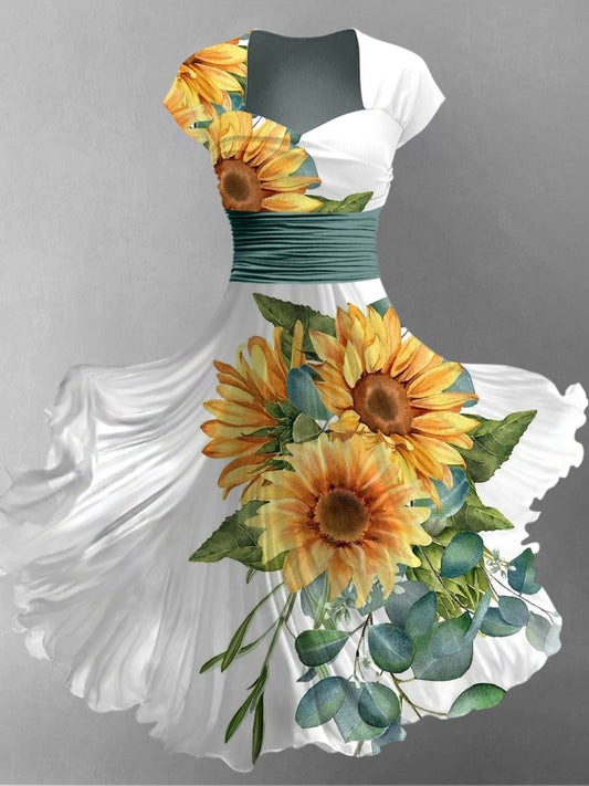 Retro Floral Art Printed Vintage V-Neck Pleated Waist Short Sleeve Midi Dress