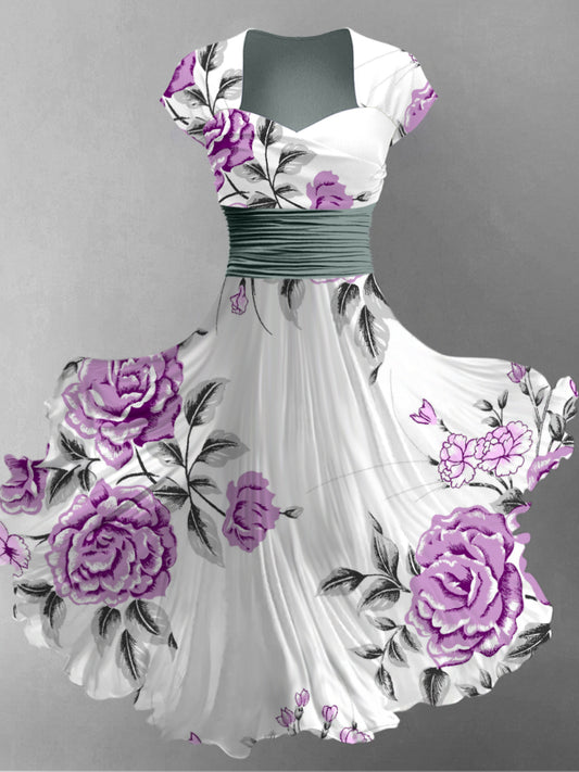Retro Floral Art Printed Vintage V-Neck Pleated Waist Short Sleeve Midi Dress
