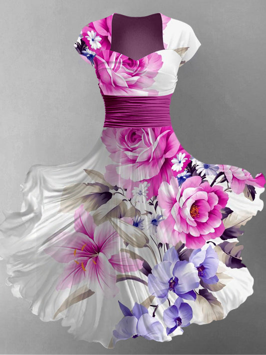 Retro Floral Art Printed Vintage V-Neck Pleated Waist Short Sleeve Midi Dress