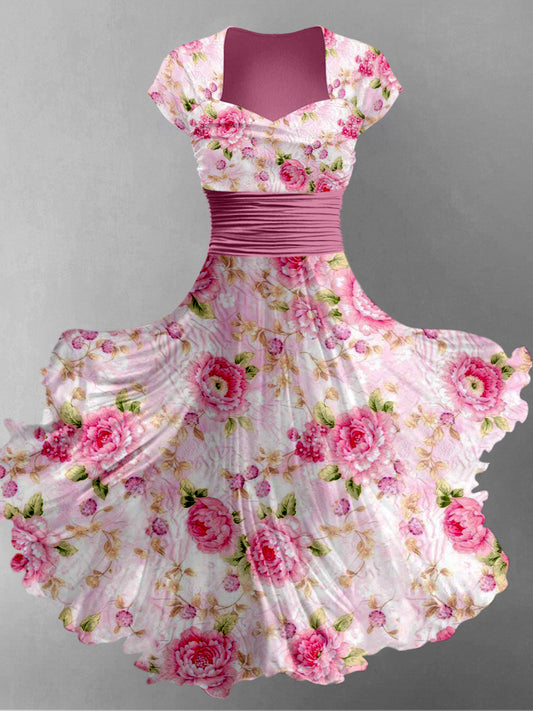 Retro Floral Art Printed Vintage V-Neck Pleated Waist Short Sleeve Midi Dress
