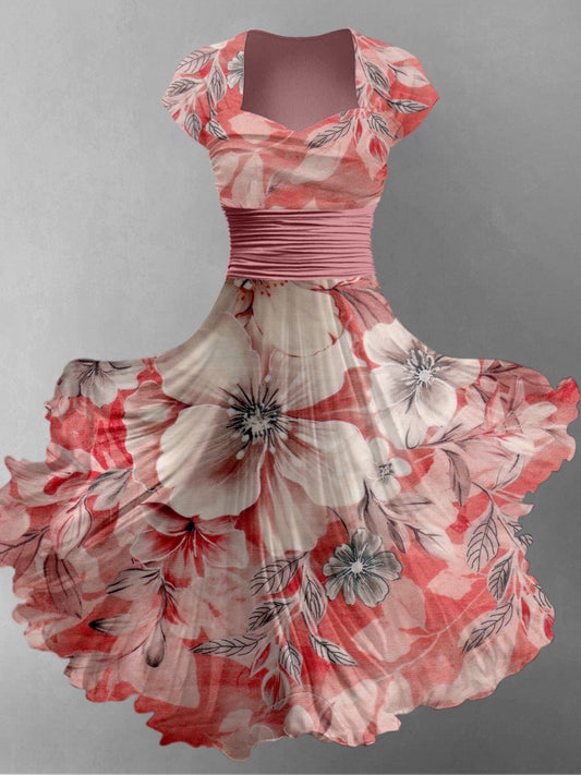Retro Floral Art Printed Vintage V-Neck Pleated Waist Short Sleeve Midi Dress