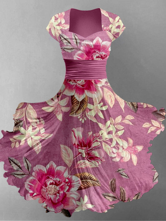 Retro Floral Art Printed Vintage V-Neck Pleated Waist Short Sleeve Midi Dress