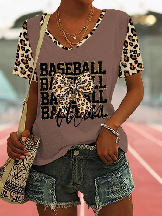 Women's Leopard Print Baseball V Neck T-Shirt