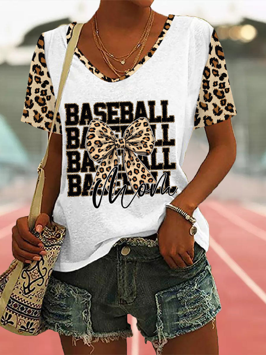 Women's Leopard Print Baseball V Neck T-Shirt