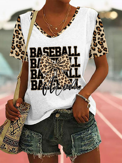 Women's Leopard Print Baseball V Neck T-Shirt
