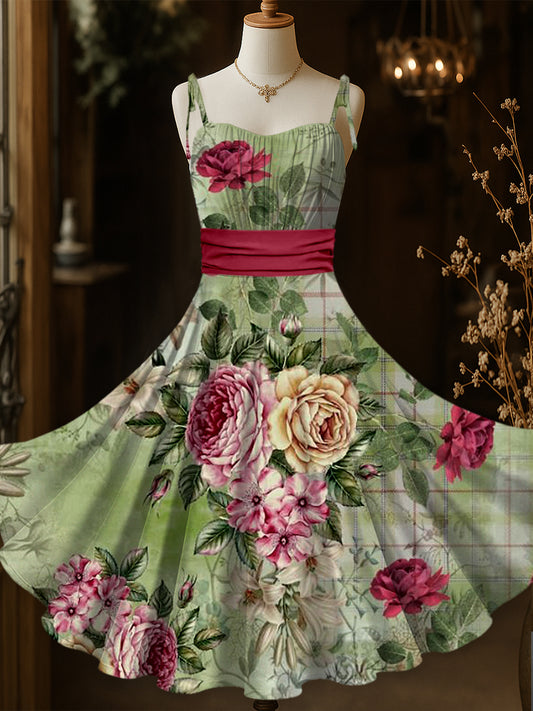 Retro Floral Art Printed Vintage Chic Pleated Waist Slip Midi Dress