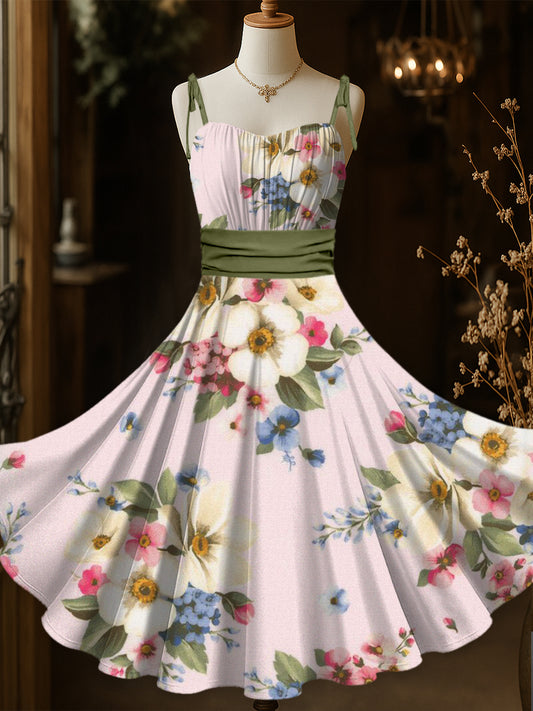 Retro Floral Art Printed Vintage Chic Pleated Waist Slip Midi Dress