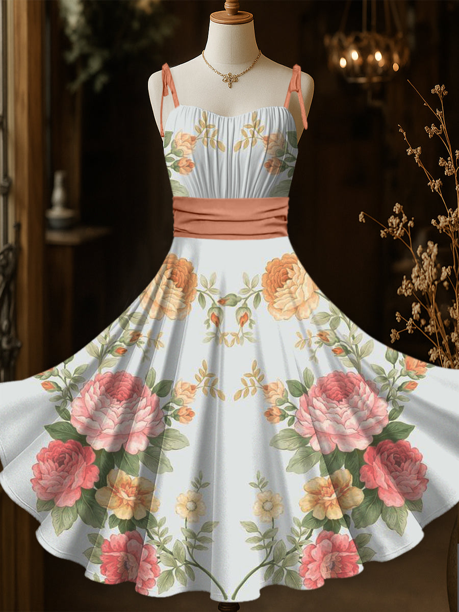 Retro Floral Art Printed Vintage Chic Pleated Waist Slip Midi Dress