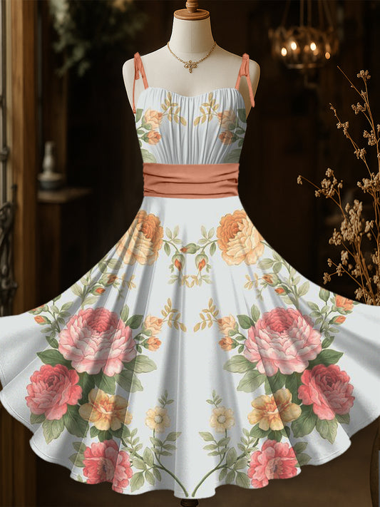 Retro Floral Art Printed Vintage Chic Pleated Waist Slip Midi Dress