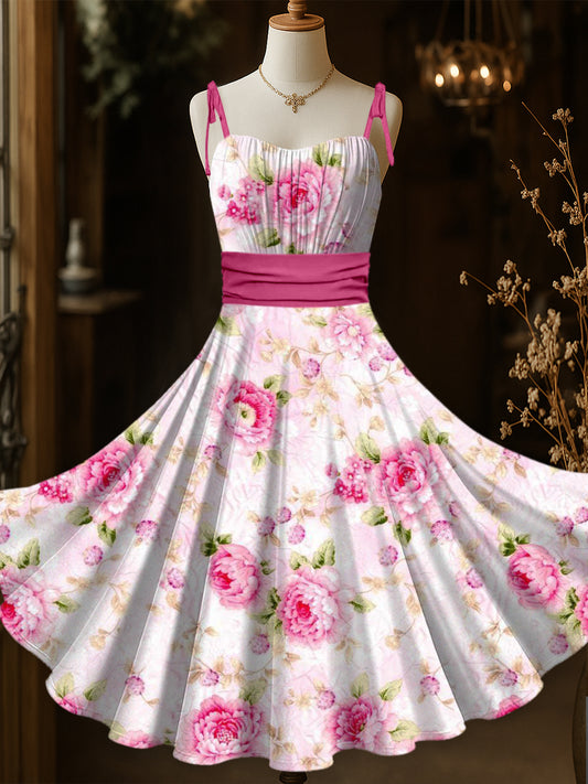 Retro Floral Art Printed Vintage Chic Pleated Waist Slip Midi Dress