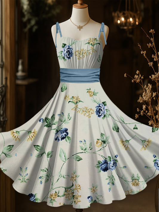Retro Floral Art Printed Vintage Chic Pleated Waist Slip Midi Dress