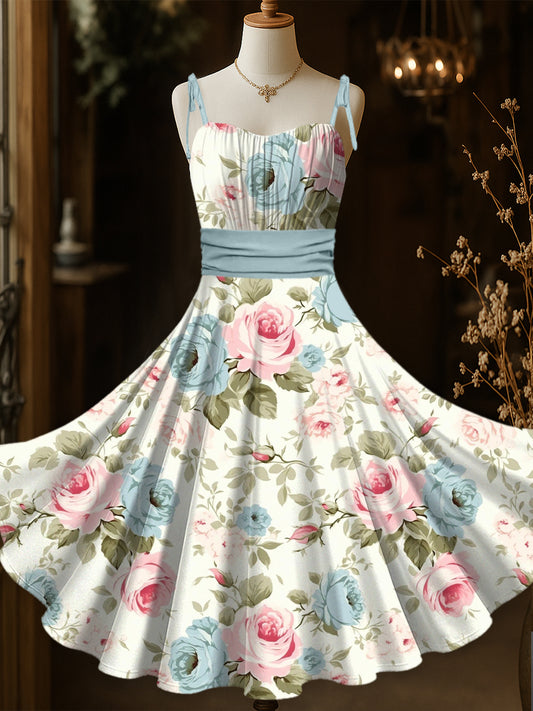 Retro Floral Art Printed Vintage Chic Pleated Waist Slip Midi Dress