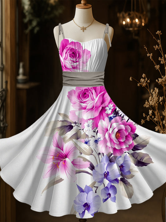 Retro Floral Art Printed Vintage Chic Pleated Waist Slip Midi Dress