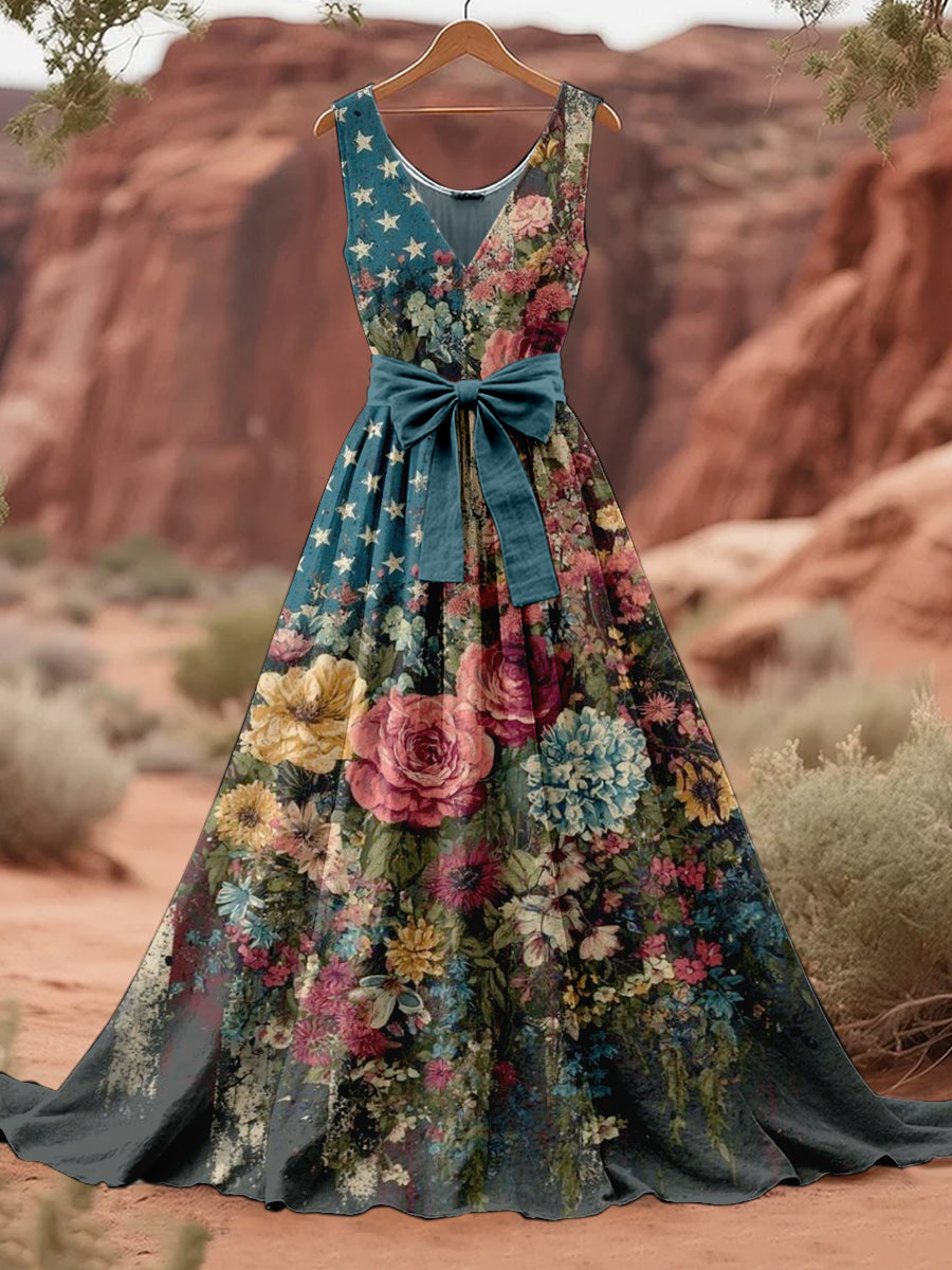Retro American Flag Floral Art Print V-Neck Sleeveless Cotton Maxi Dress