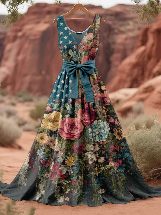 Retro American Flag Floral Art Print V-Neck Sleeveless Cotton Maxi Dress