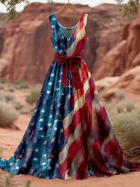Retro American Flag Floral Art Print V-Neck Sleeveless Cotton Maxi Dress
