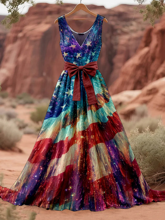 Retro American Flag Floral Art Print V-Neck Sleeveless Cotton Maxi Dress