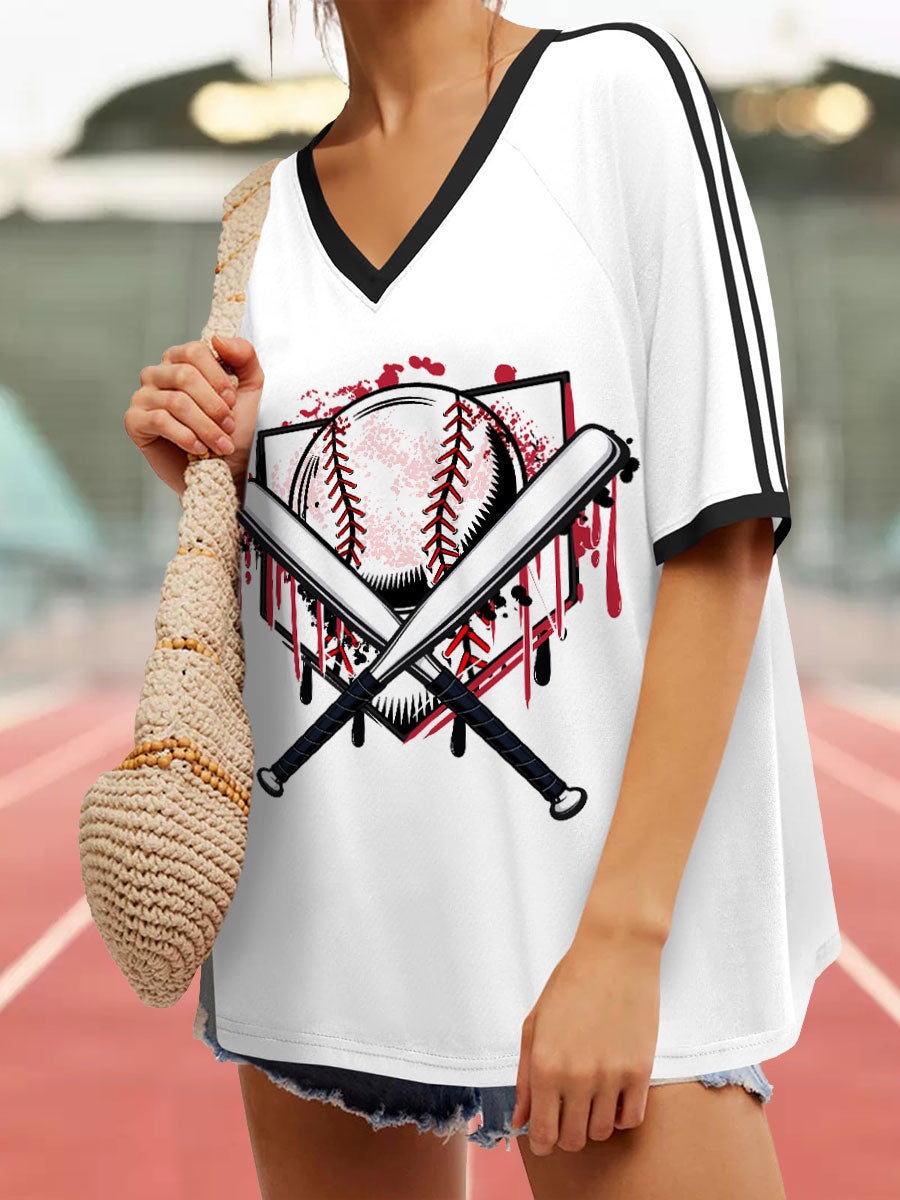 Women's Baseball V-neck Loose Fit T-shirt