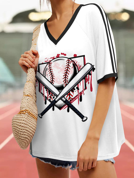 Women's Baseball V-neck Loose Fit T-shirt