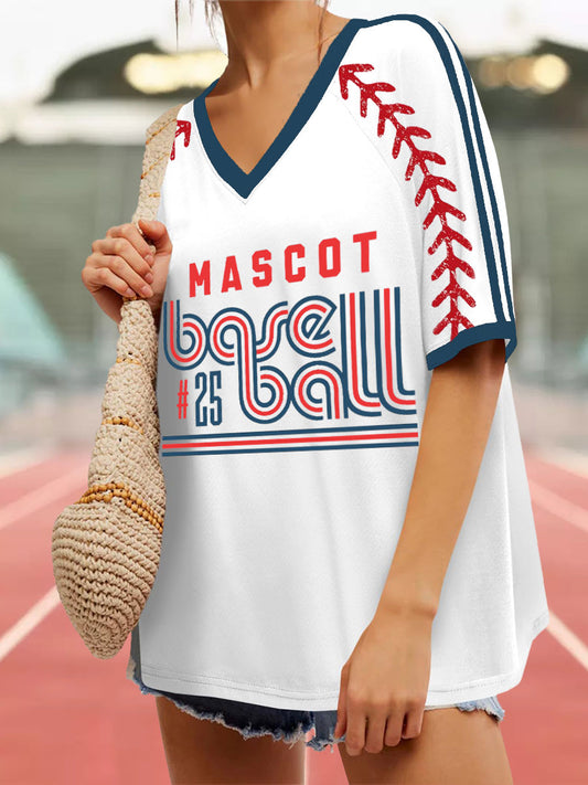 Women's mascot baseball V-neck loose T-shirt