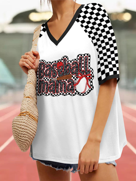 Women's baseball mama V-neck loose fit T-shirt