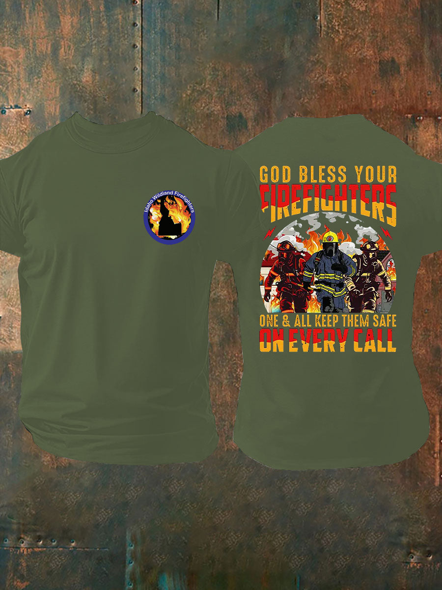 Men's Idaho Wildland Firefighter God Bless Firefighters Printed T-shirt