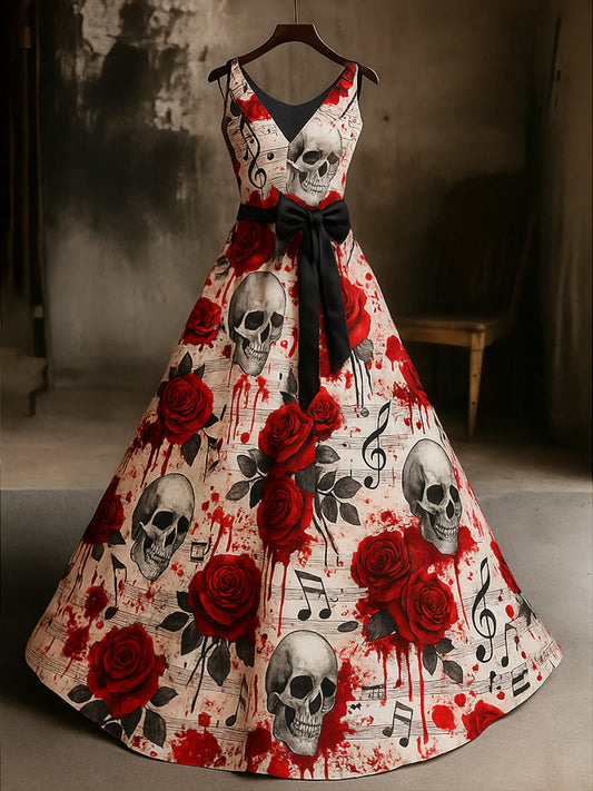 Retro Skull Floral Art Print V-Neck Sleeveless Cotton Maxi Dress