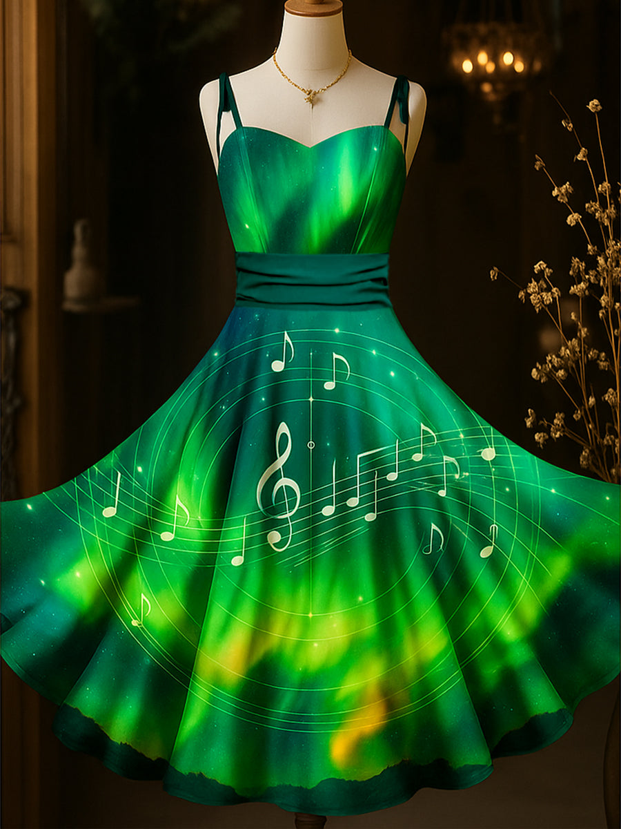 Retro Note Art Printed Vintage Chic Pleated Waist Slip Midi Dress
