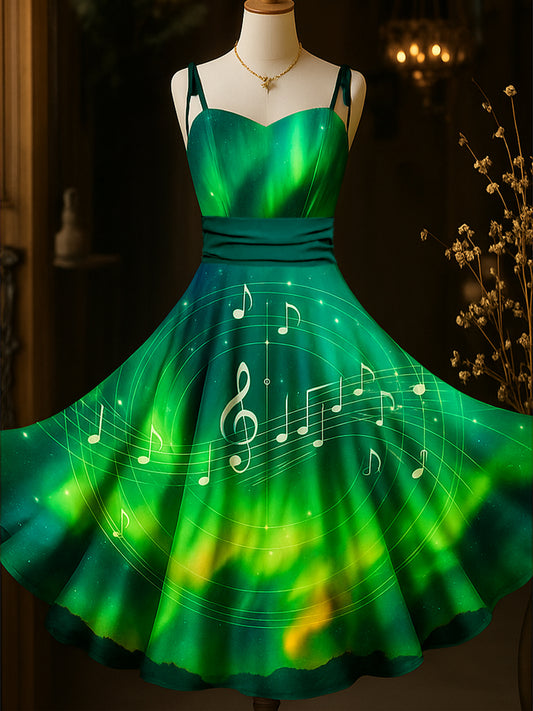Retro Note Art Printed Vintage Chic Pleated Waist Slip Midi Dress