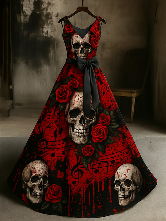 Retro Skull Floral Art Print V-Neck Sleeveless Cotton Maxi Dress