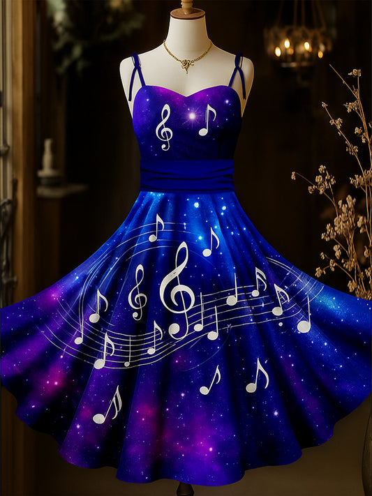 Retro Note Art Printed Vintage Chic Pleated Waist Slip Midi Dress