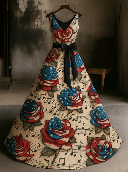 Retro American Flag Floral Art Print V-Neck Sleeveless Cotton Maxi Dress