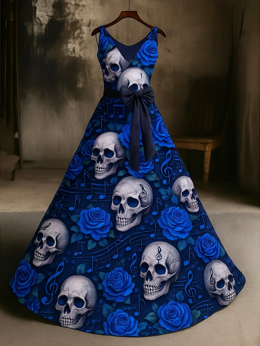 Retro Skull Floral Art Print V-Neck Sleeveless Cotton Maxi Dress