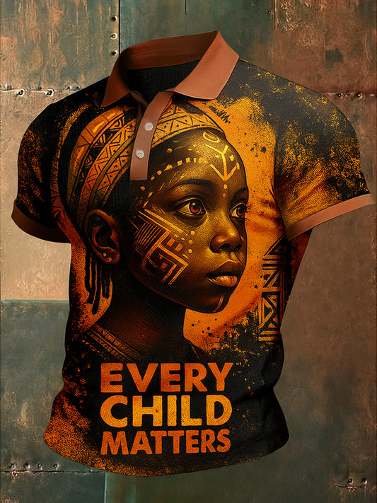 Every Child Matters Art Printed Waffle Texture Athletic V-Neck Short Sleeves Polo Shirt