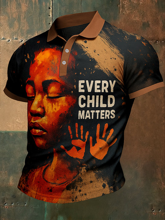 Every Child Matters Art Printed Waffle Texture Athletic V-Neck Short Sleeves Polo Shirt